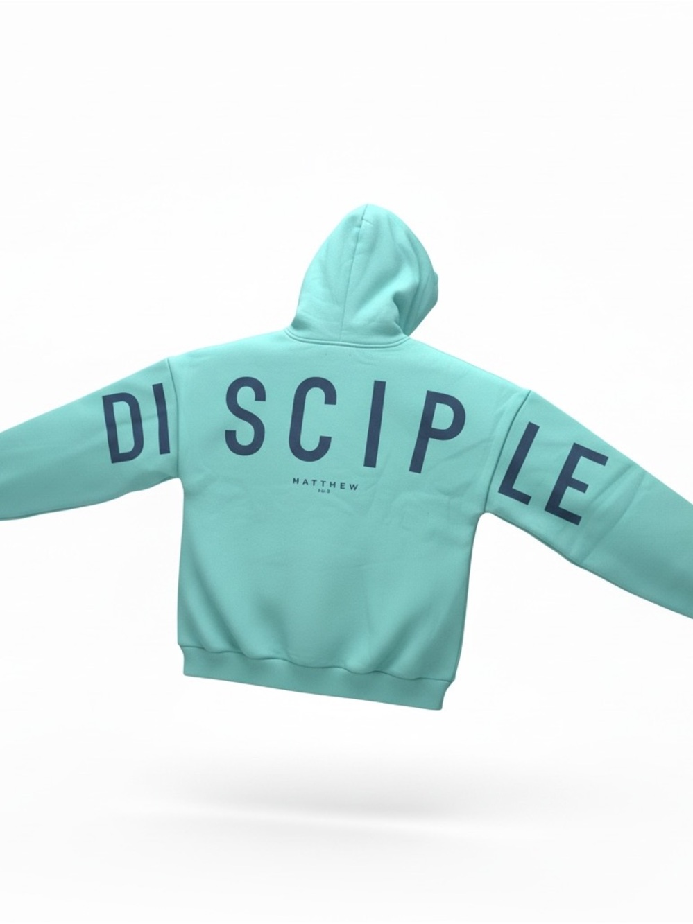 GLO Turquoise Hoodie with Navy DISCIPLE Letters size Large